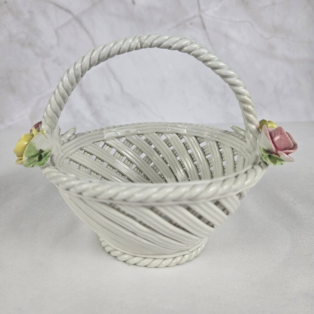 Nuova Capodimonte Porcelain Basket with Pink & Yellow Flowers Vintage Italy